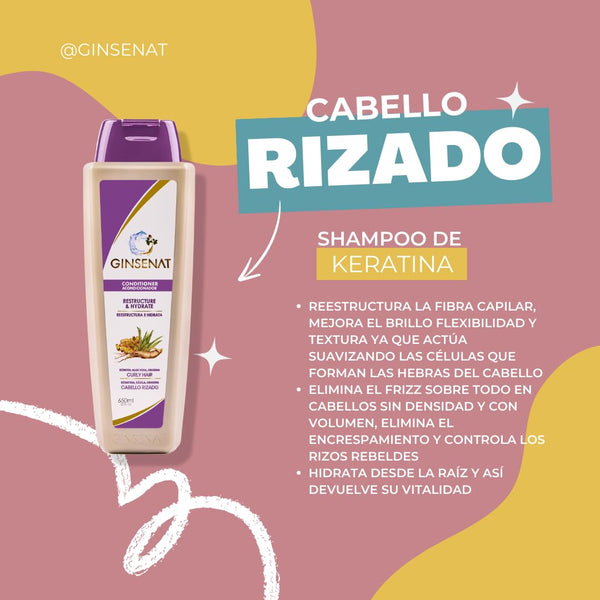 Ginsenat Shampoo de Keratina para Cabello Rizado, 22 oz fl, Fórmula con Ginseng y Aloe Vera